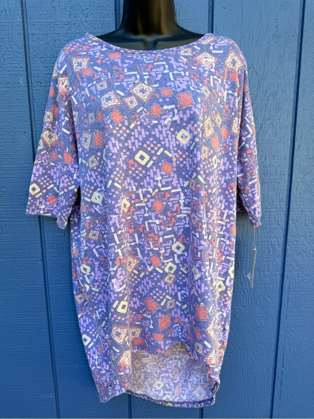 LuLaRoe Purple Aztec Print Top with Coral Accents